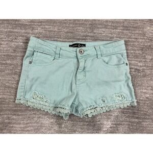 Imperial Star Shorts Girls 16 Mint Green Denim Crochet Lace Trim Distressed Mid